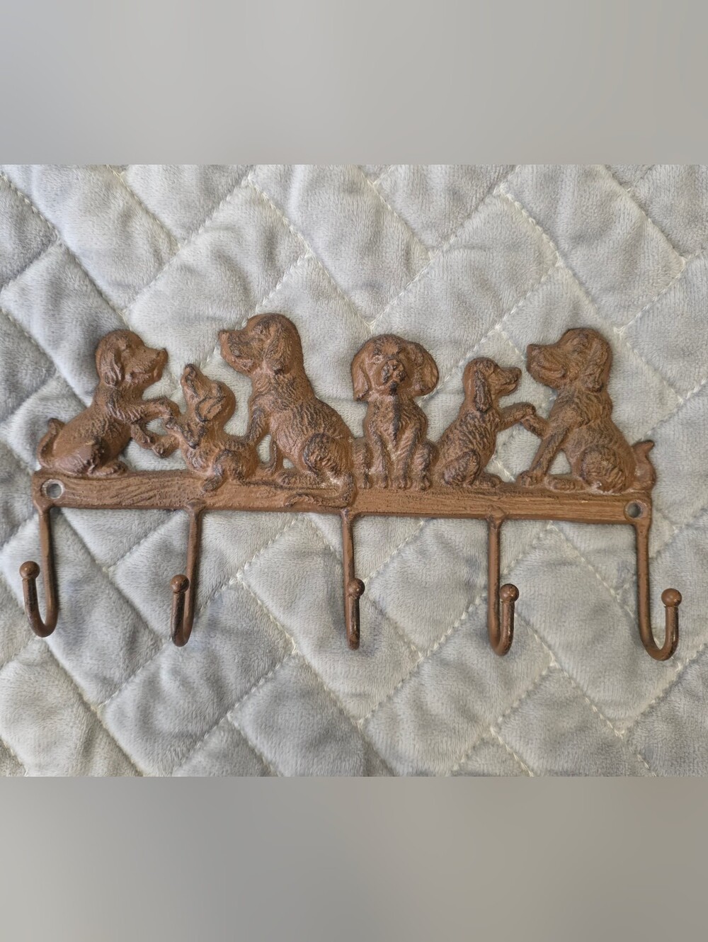 Cast Iron Puppy Dog Scene Wall Hook Rack 5 Hooks Key Leash Coat Hanger (AS IS)